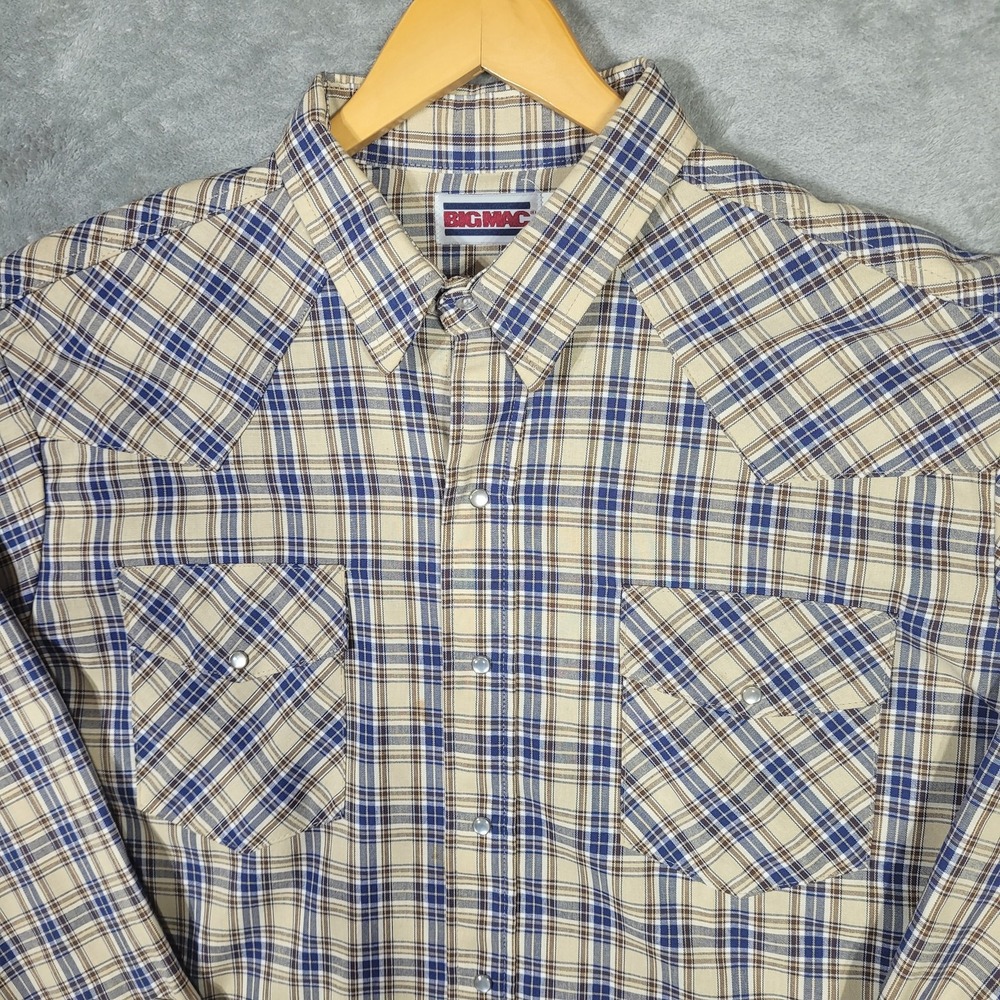 Vintage Big Mac Shirt Mens XL Tall Beige Blue Plaid Western Pearl Snap USA 90s
